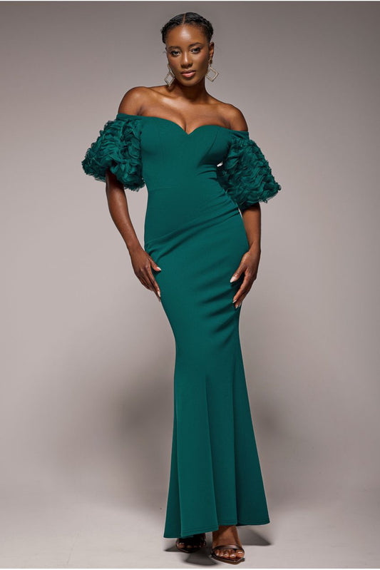 Off The Shoulder 3D Puffed Sleeve Sweetheart Maxi Dress - Emerald Green by Goddiva