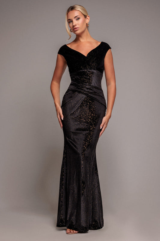 Shimmer Velvet Bardot Maxi Dress - Black Gold by Goddiva