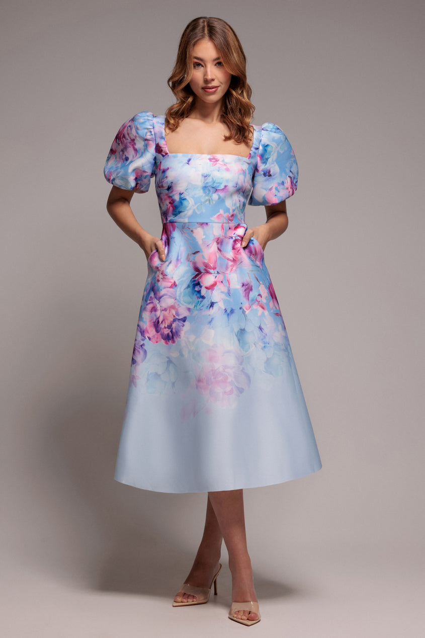 Goddiva Printed Scuba Square Neck Puff Sleeve Midi Dress - Blue