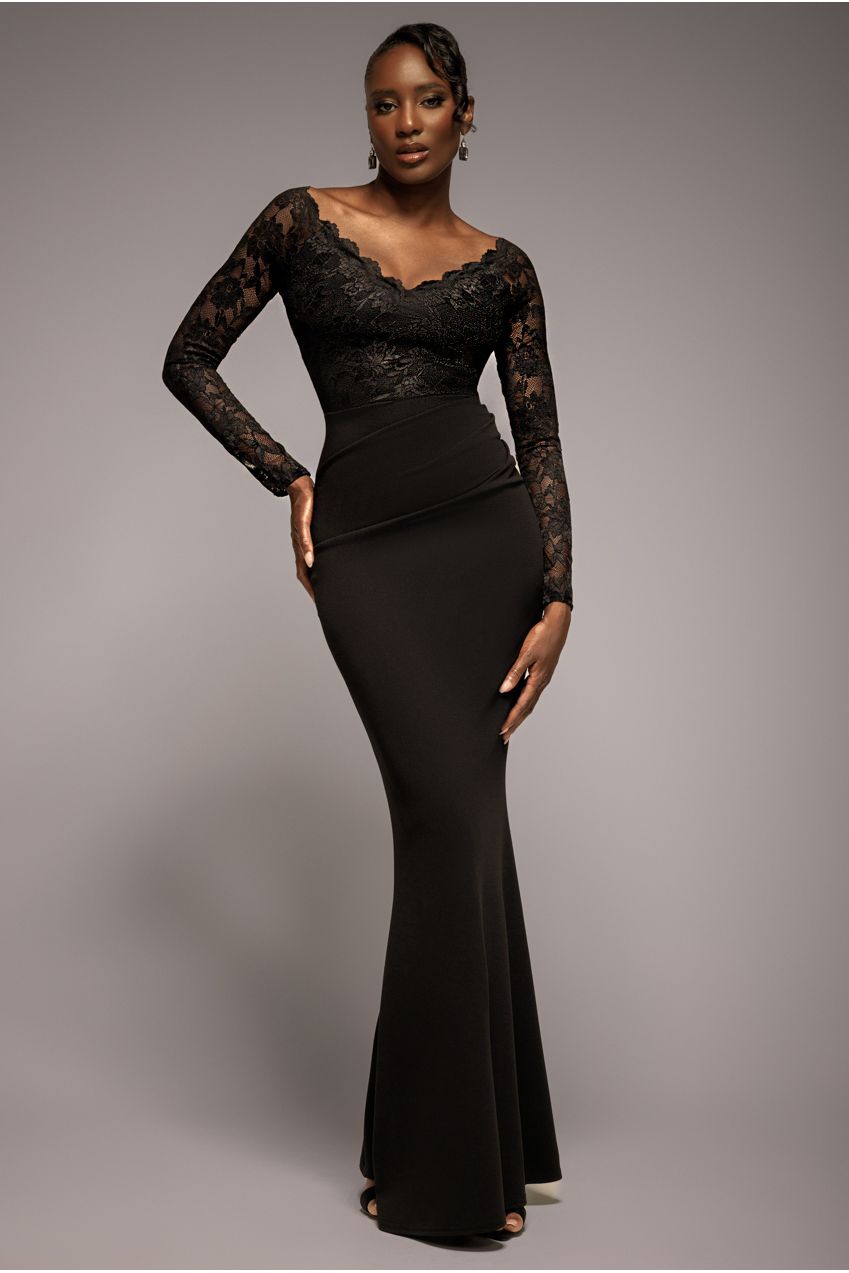 Goddiva Scalloped Lace Bodice Long Sleeve Bardot Maxi Dress - Black