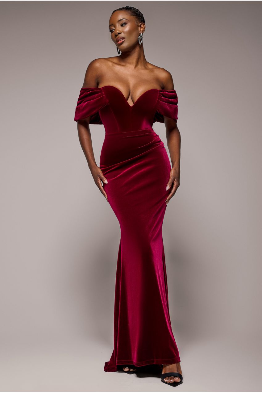 Off The Shoulder Deep Plunge Velvet Maxi Dress - Burgundy by Goddiva