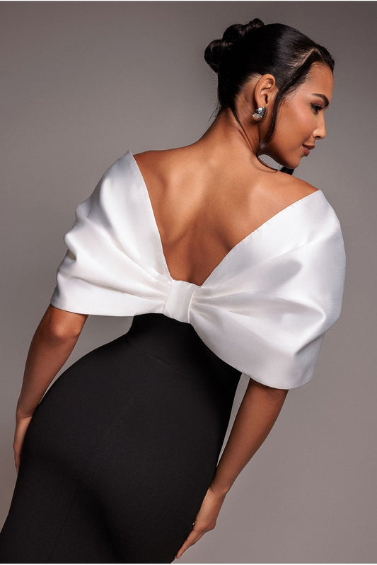 Goddiva Contrast Off Shoulder Back Satin Bow Scuba Maxi Dress - Black Cream