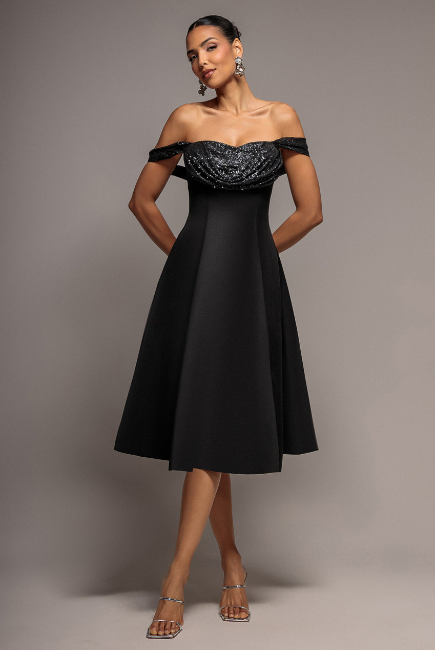 Sparkle Chiffon Cowl Bardot Skater Midi Dress - Black by Goddiva