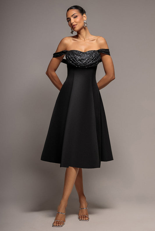 Sparkle Chiffon Cowl Bardot Skater Midi Dress - Black by Goddiva