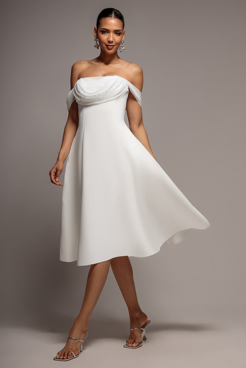 Sparkle Chiffon Cowl Bardot Skater Midi Dress - Cream by Goddiva