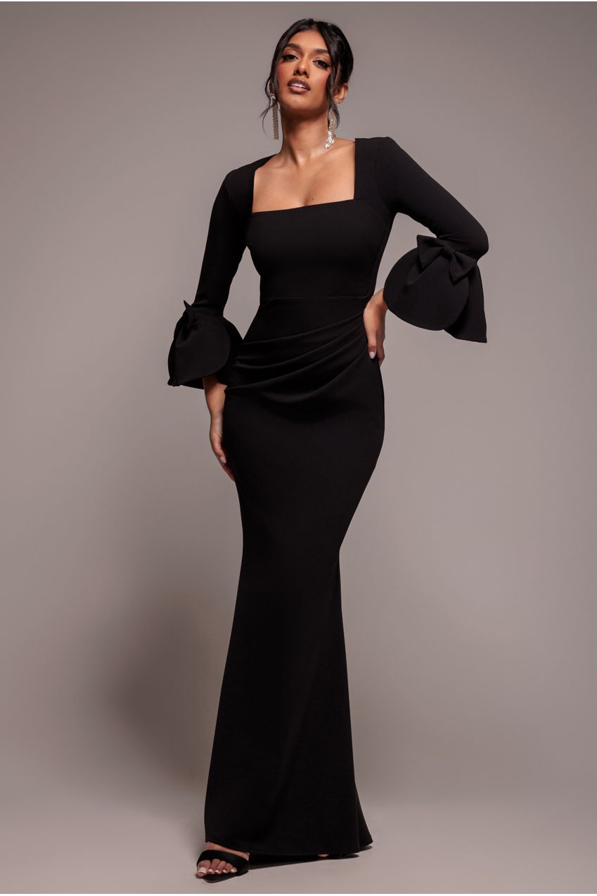 Goddiva Petal Bow Sleeve Frill Maxi Dress - Black