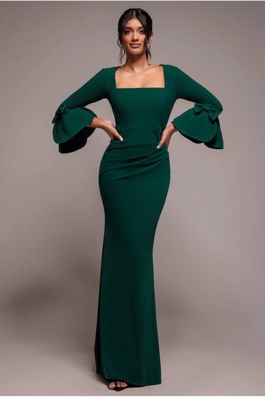 Goddiva Petal Bow Sleeve Frill Maxi Dress - Emerald Green