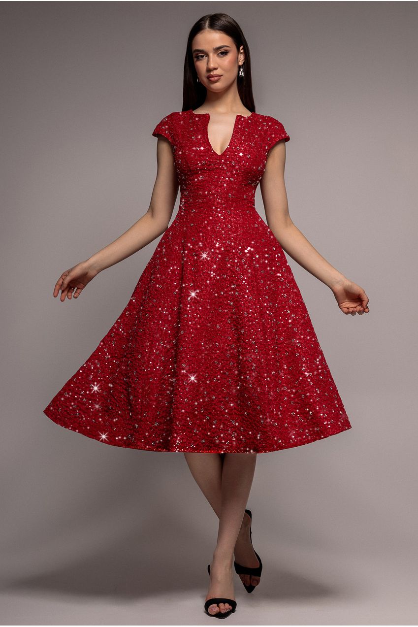 Bead Embellished Jacquard A Line Midi Dress - Red by Goddiva