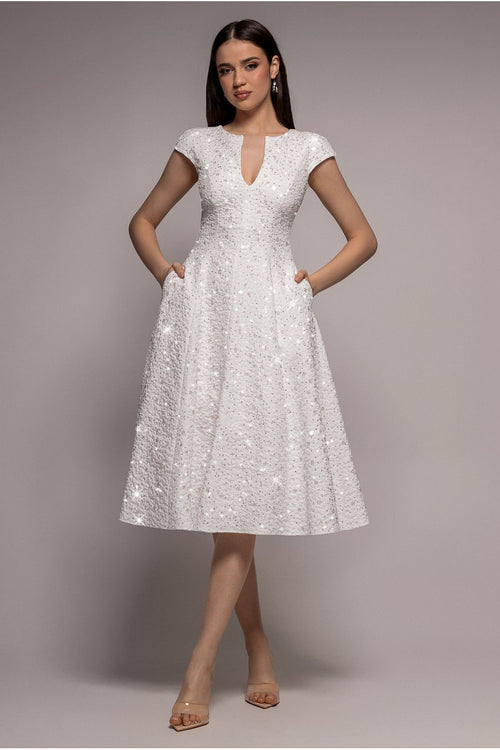 Bead Embellished Jacquard A Line Midi Dress - White by Goddiva