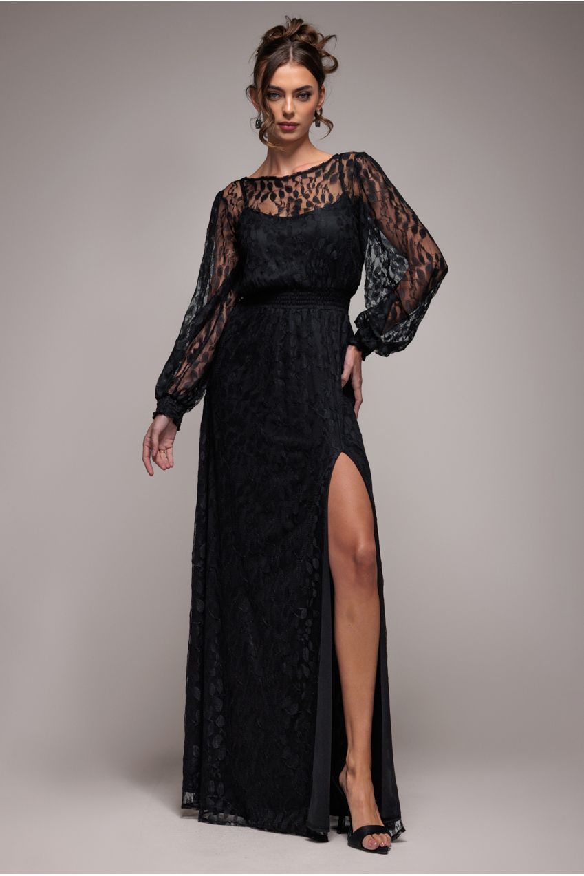 Goddiva Lace Long Sleeve Shirred Waist Maxi Dress - Black
