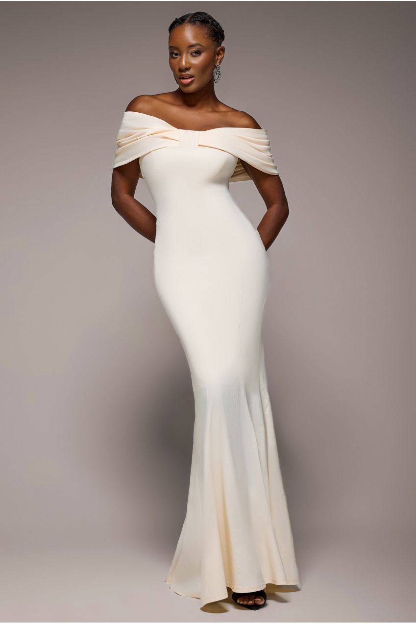 Goddiva Bardot Bow Neck Maxi Dress - Cream