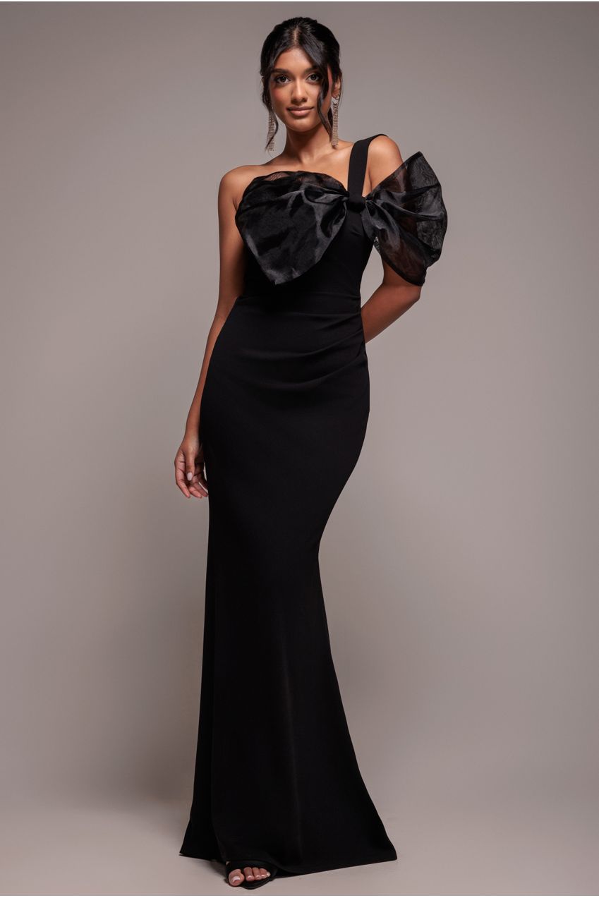 Goddiva Organza Bow One Shoulder Scuba Crepe Maxi Dress - Black