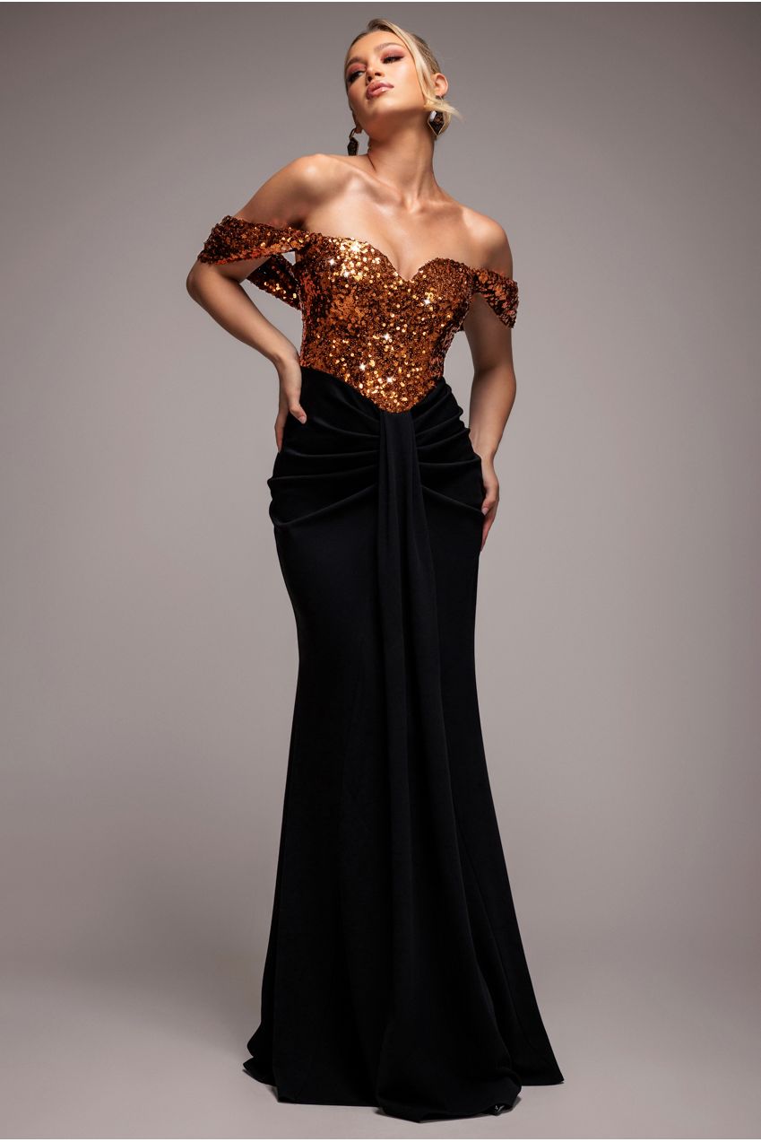 Goddiva Corset Sequin Wing Bodice Scuba Skirt Maxi Dress - Bronze