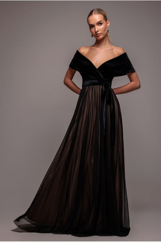 Goddiva Velvet Bardot Dobby Mesh A Line Maxi Dress - Black