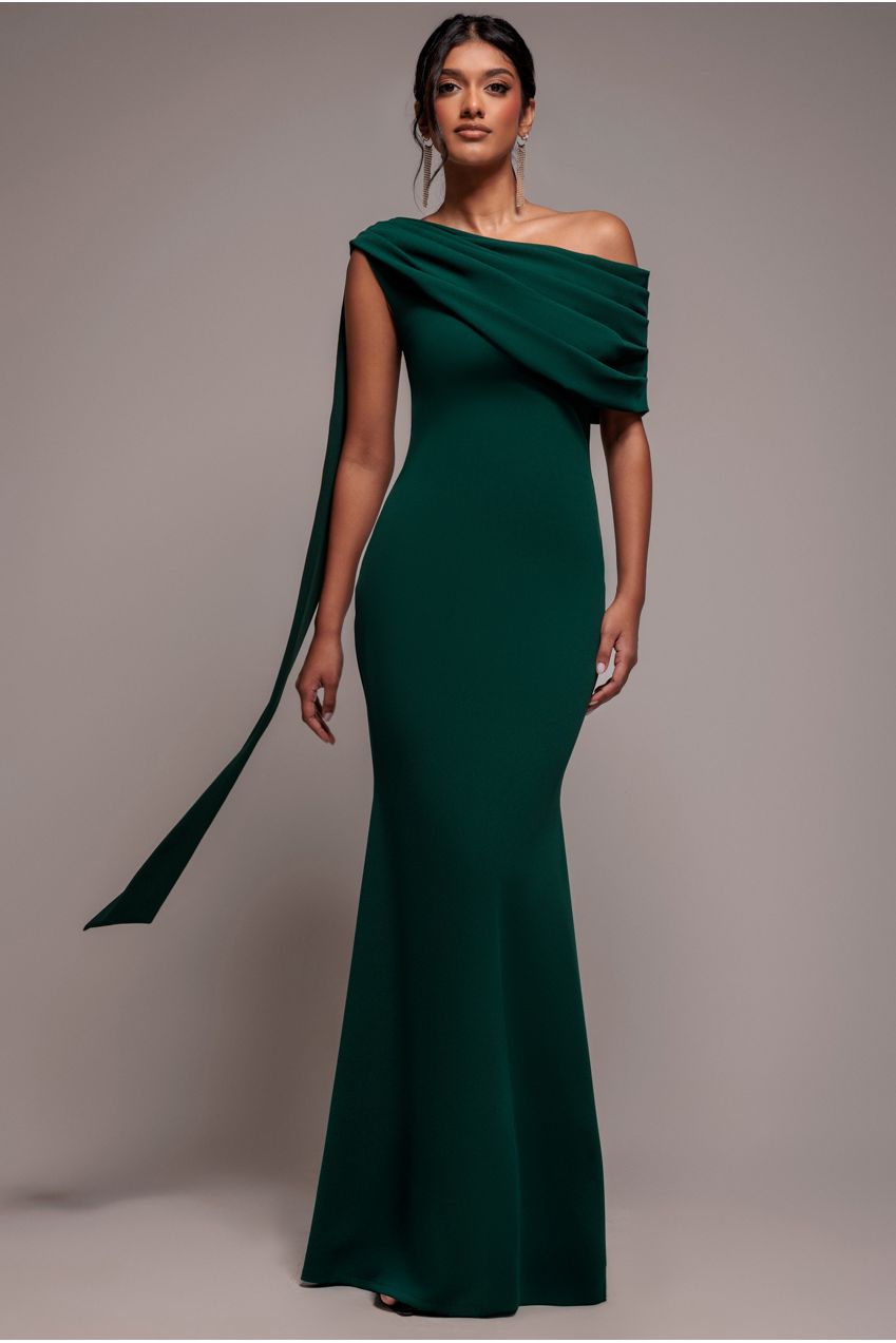 Sash One Shoulder Bardot Maxi Dress - Emerald Green by Goddiva