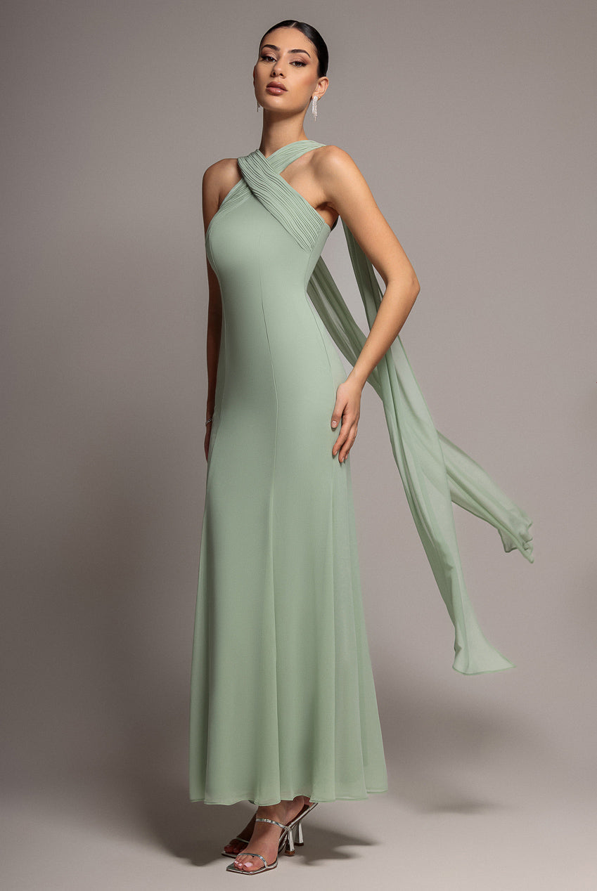 Cross Front Scarf Back Chiffon Mermaid Maxi Dress - Sage Green by Goddiva