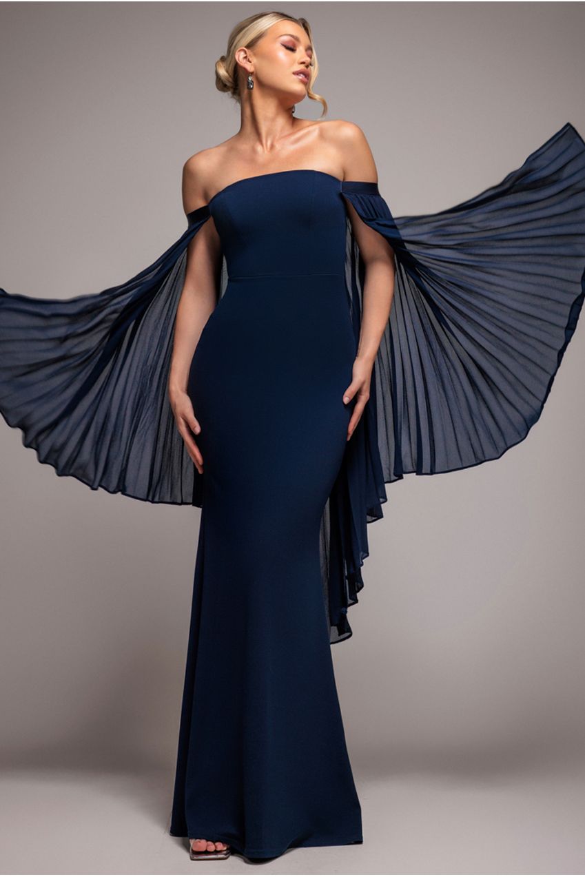 Strapless Maxi Dress With Pleated Chiffon Cape - Navy Blue by Goddiva