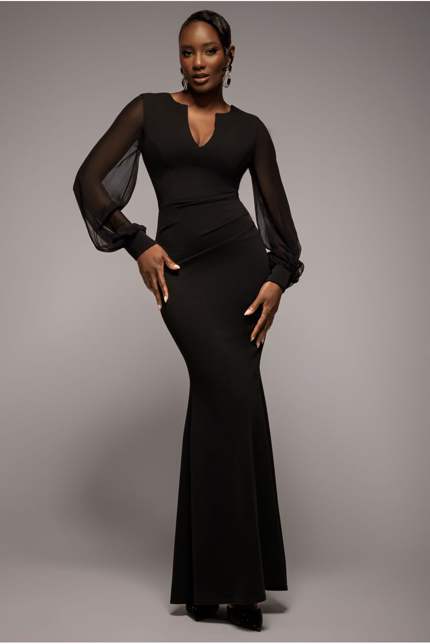 Goddiva Chiffon Cuffed Balloon Sleeve Scuba Maxi Dress - Black