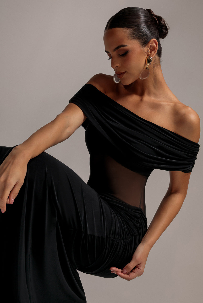 Goddiva Gathered Off The Shoulder Mesh Waist Panel Maxi Dress - Black
