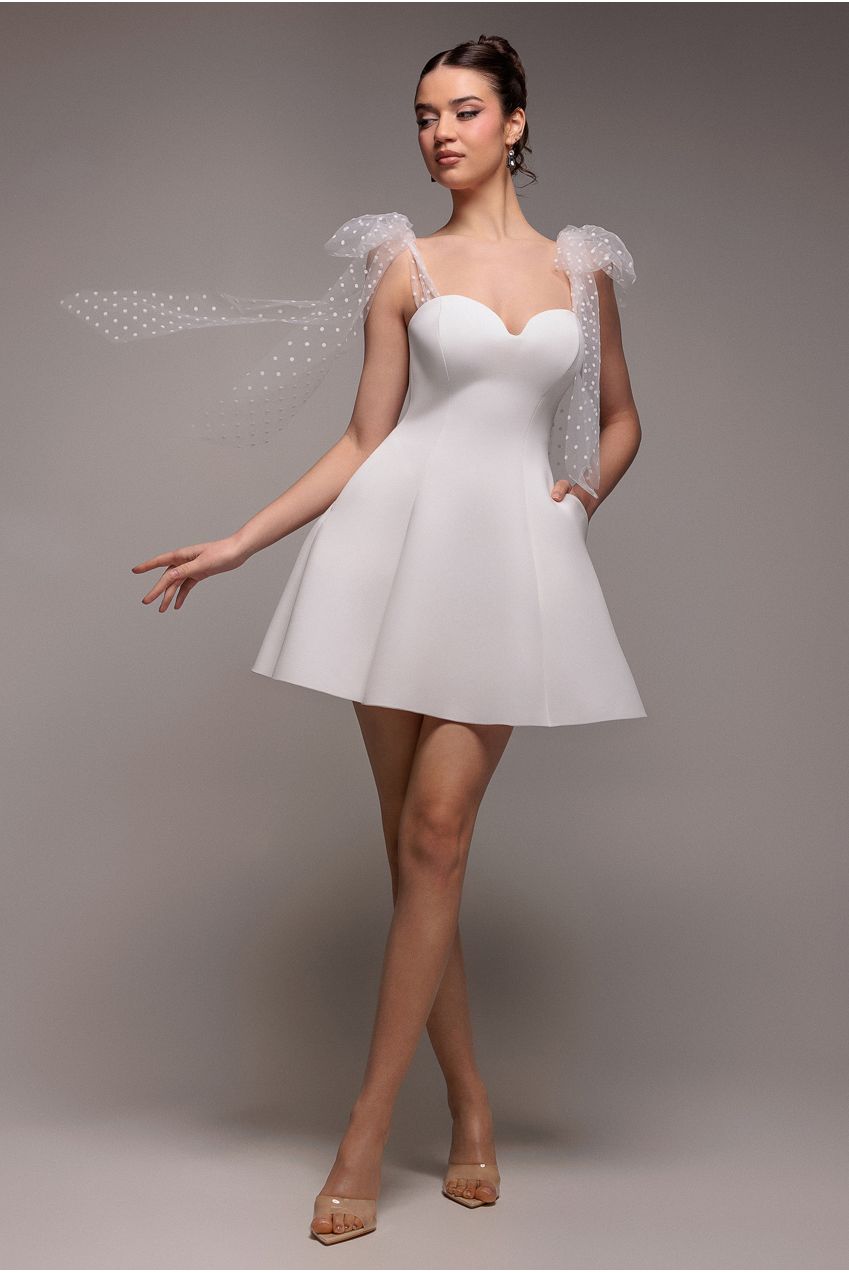 Scuba & Polka Mesh Bella Bow Multiway Skater Mini Dress - White by Goddiva