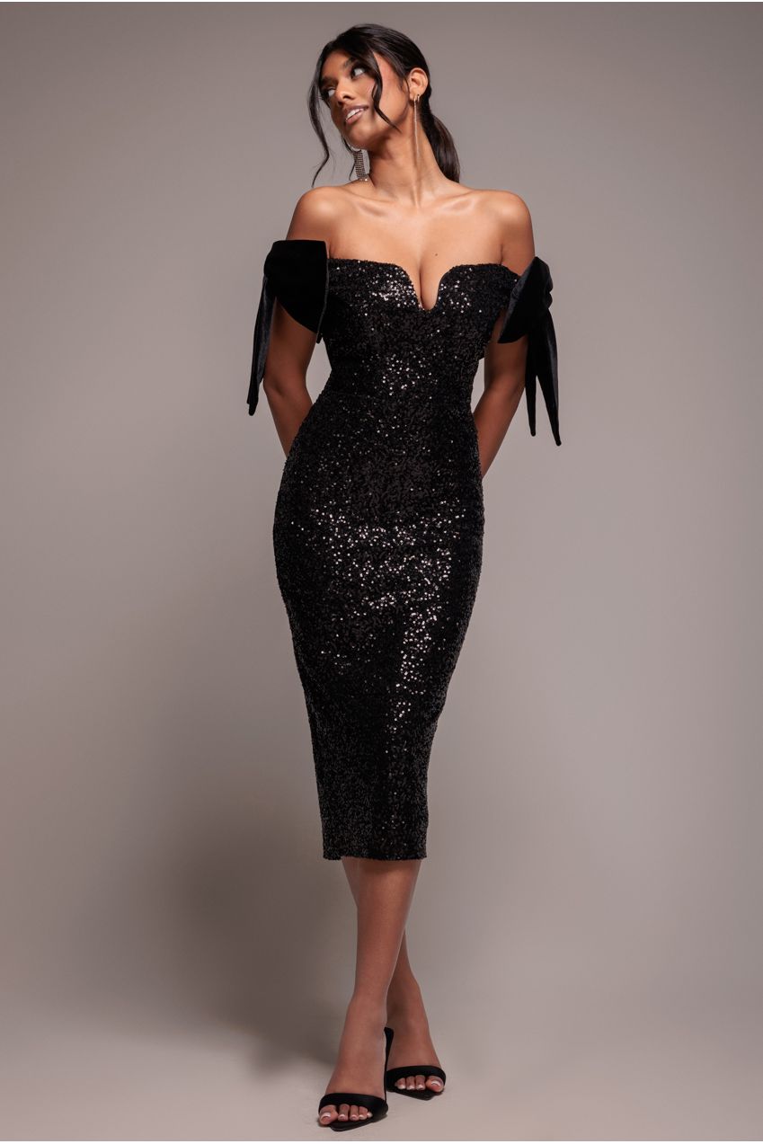Goddiva Sequin Off The Shoulder Velvet Bow Midi Dress - Black