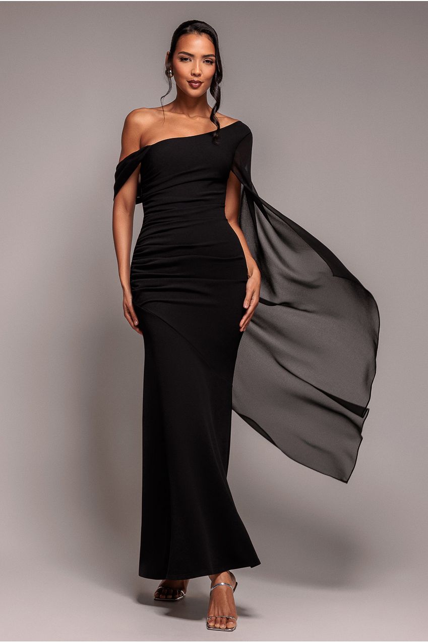 One Shoulder Cape Scuba & Chiffon Maxi Dress - Black by Goddiva