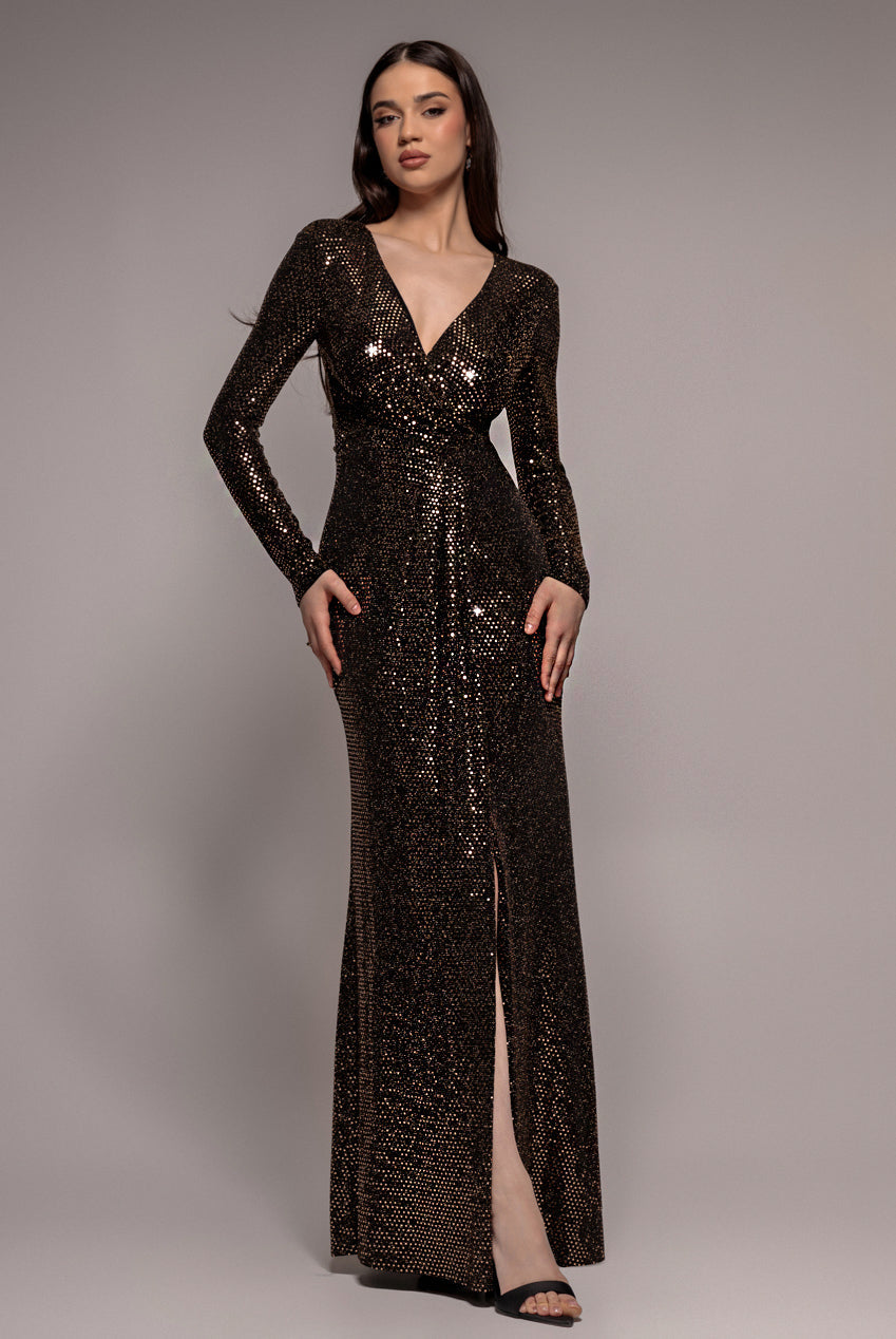 Sequin Glitter Lurex Long Sleeve Wrap Maxi Dress - Rose Gold by Goddiva