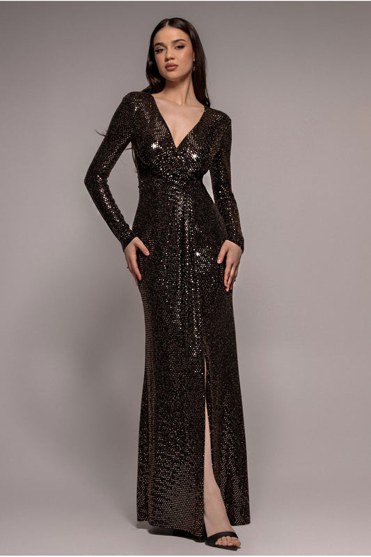 Sequin Glitter Lurex Long Sleeve Wrap Maxi Dress - Rose Gold by Goddiva