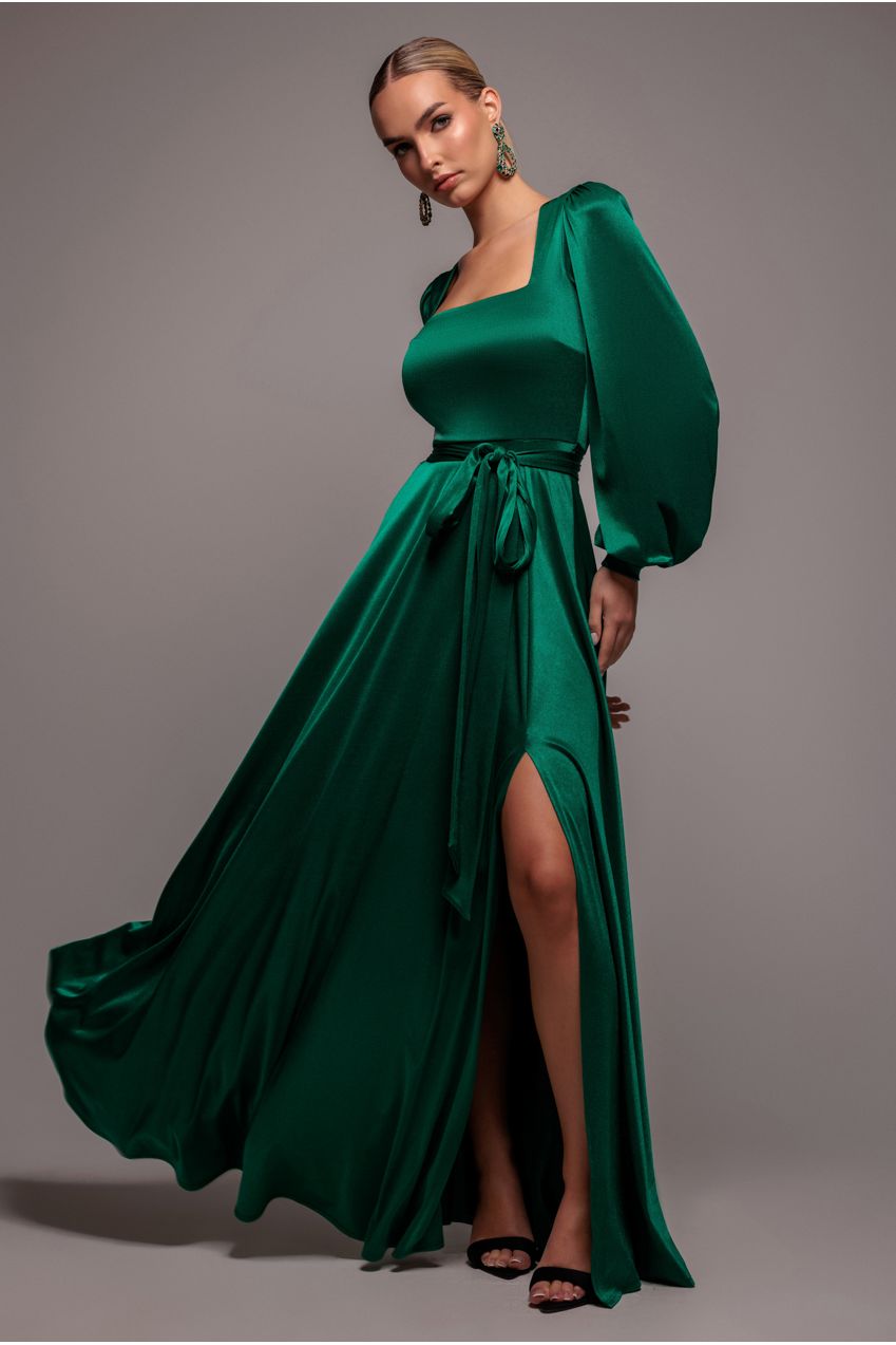 Goddiva Satin Square Neck Bishop Sleeve A Line Maxi Dress - Emerald Green