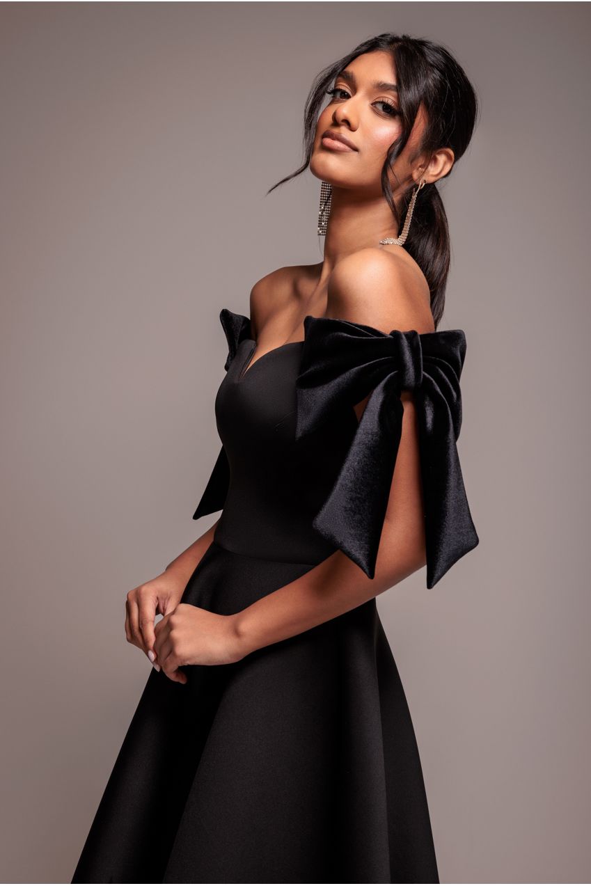 Goddiva Scuba Off The Shoulder Velvet Bow Skater Midi Dress - Black