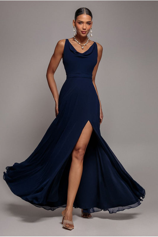 Goddiva Chiffon Cowl Twisted Rope Strap Lace-up Flared Maxi Dress - Navy Blue
