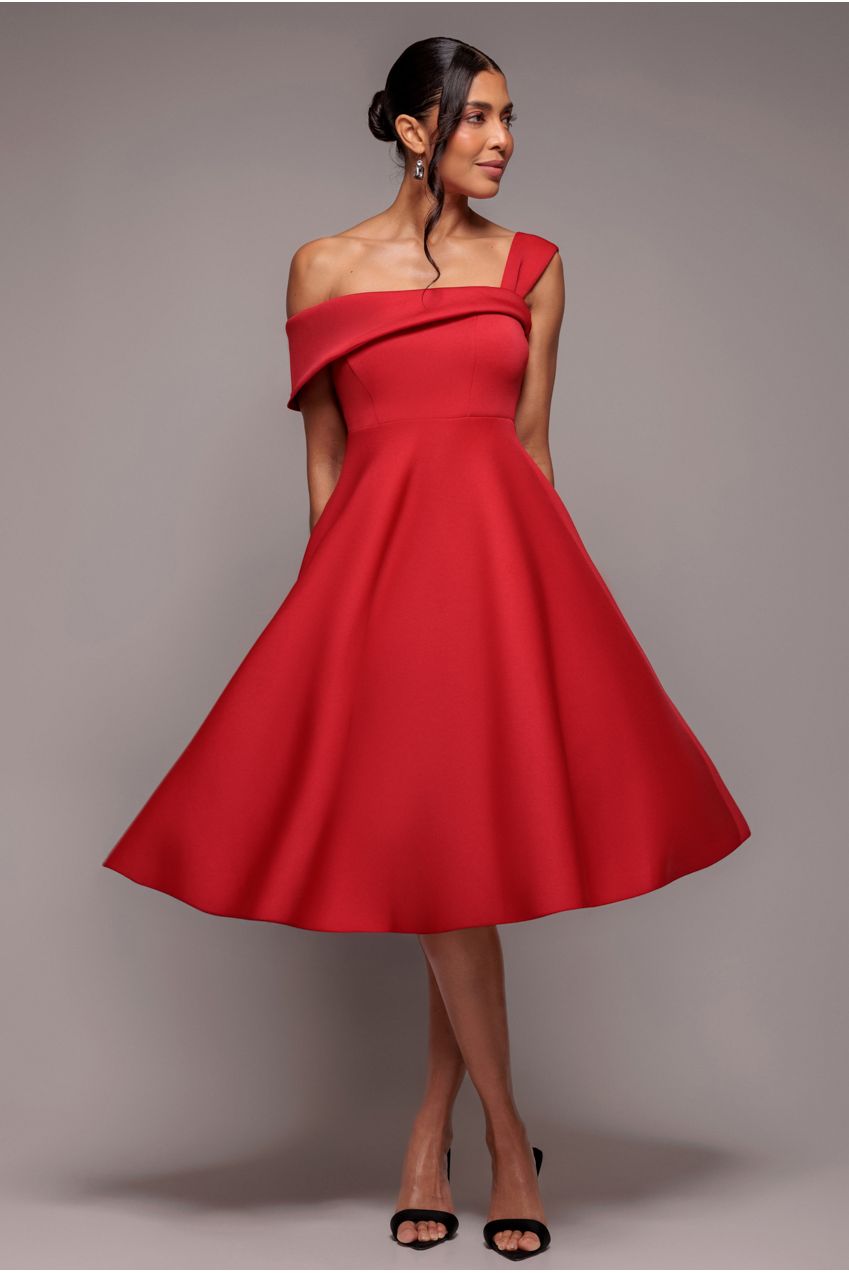 Goddiva One Shoulder A Line Midi Dress - Red