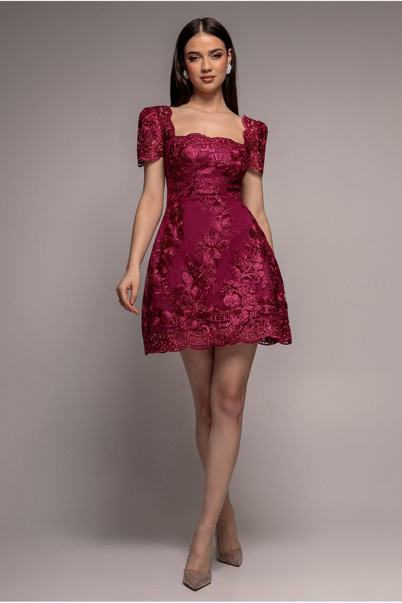 Scallop Edge Corset Back Structured Lace Mini Dress - Burgundy by Goddiva