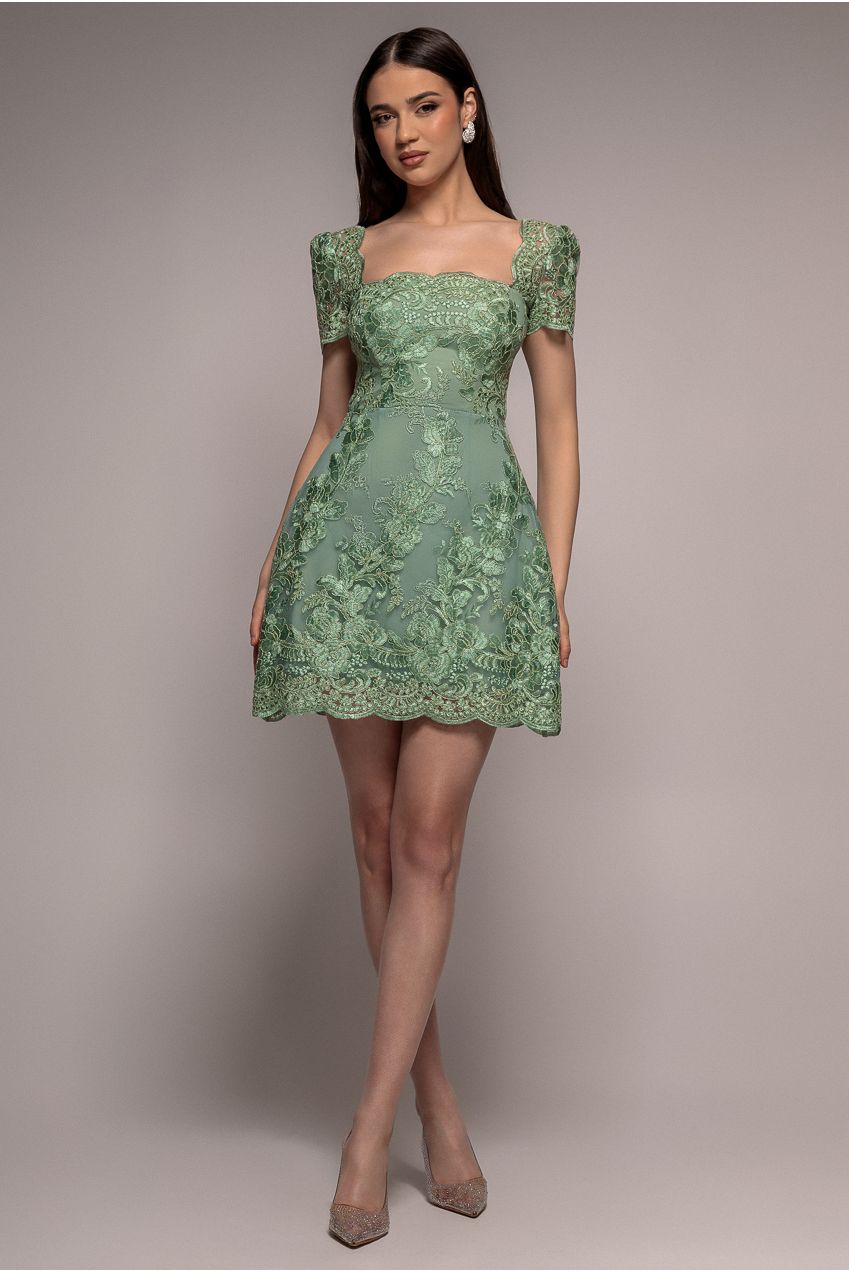 Scallop Edge Corset Back Structured Lace Mini Dress - Sage Green by Goddiva