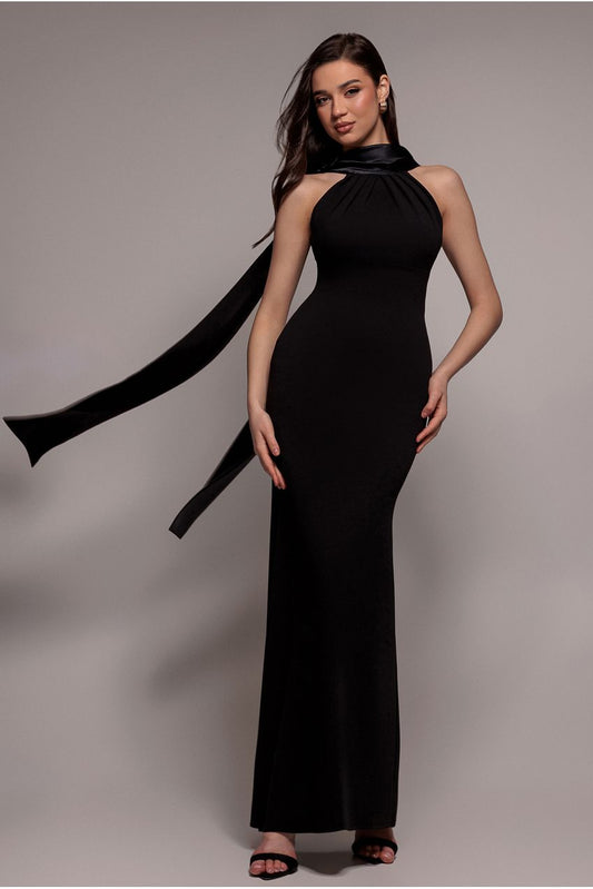 Goddiva Satin Multi-Tie Halterneck Maxi Dress - Black