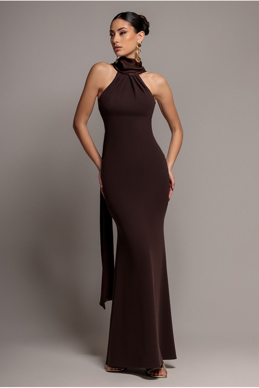Scuba & Soft Satin Halterneck Maxi Dress With Back Sash - Brown by Goddiva