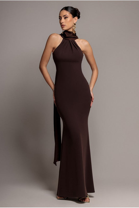 Goddiva Scuba & Soft Satin Halterneck Maxi Dress With Back Sash - Brown