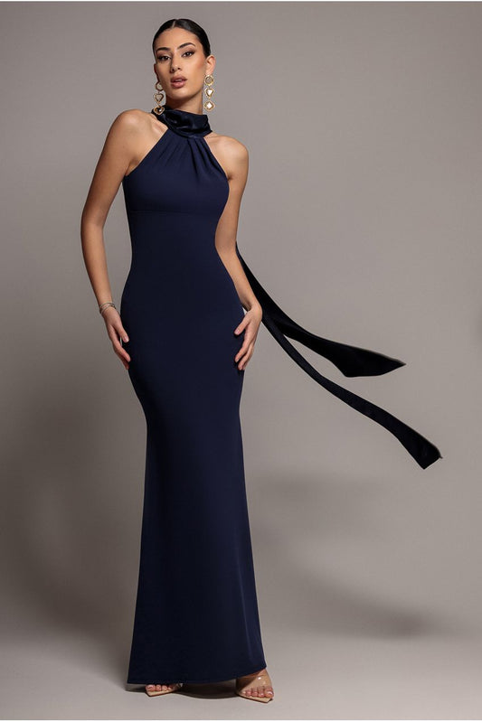 Goddiva Scuba & Soft Satin Halterneck Maxi Dress With Back Sash - Navy Blue