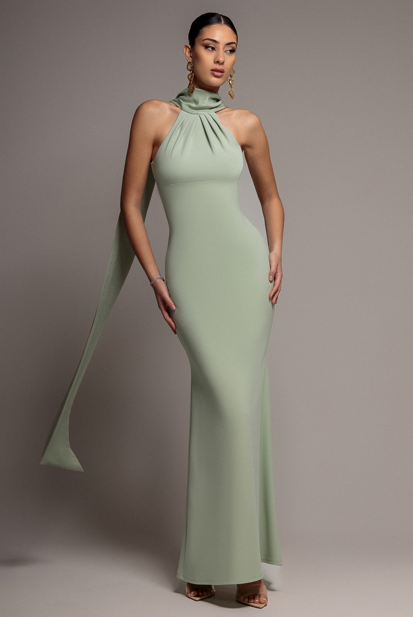 Scuba & Soft Satin Halterneck Maxi Dress With Back Sash - Sage Green by Goddiva