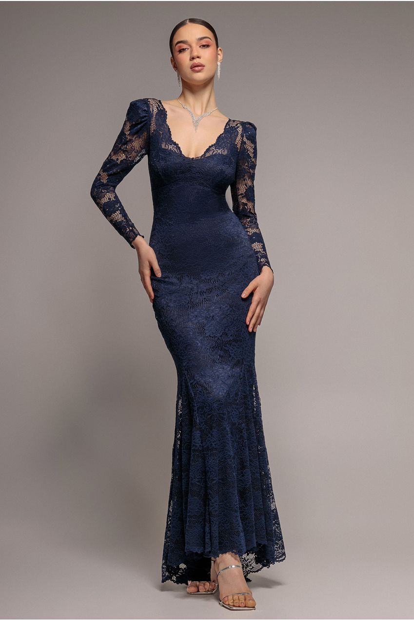 Goddiva Fit & Flare Scallop Lace V Neck Maxi Dress - Navy Blue