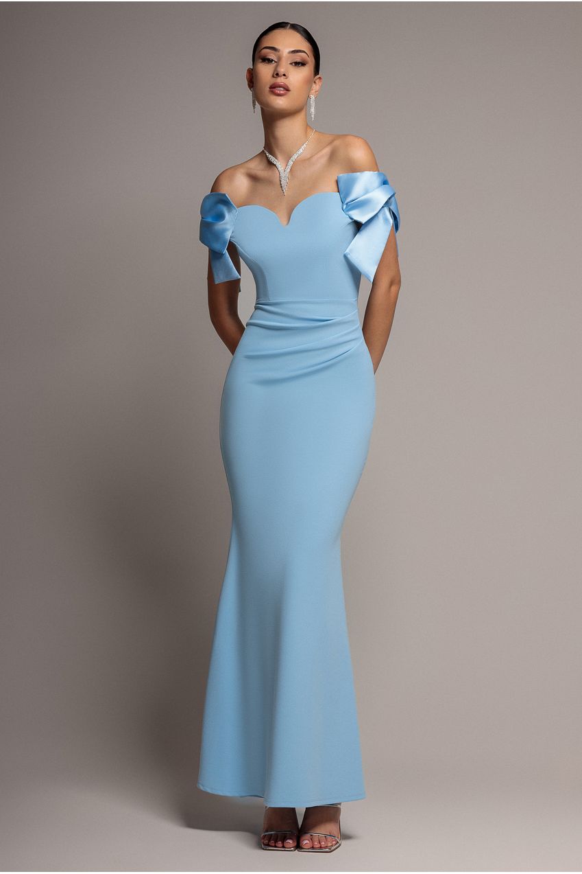 Goddiva Satin Bow Bardot Sheath Maxi Dress - Ice Blue
