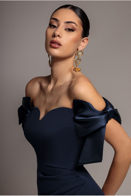 Goddiva Satin Bow Bardot Sheath Maxi Dress - Navy Blue