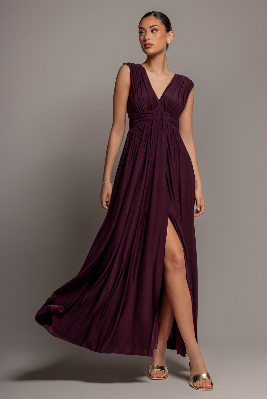 Gathered Shoulder Wrap Neck Draped Waist Maxi Dress - Burgundy by Goddiva