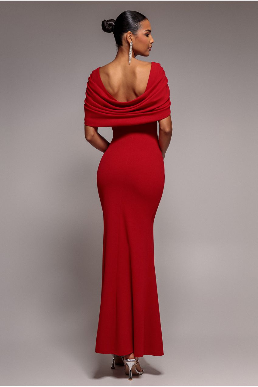 V Neck Cowl Back Pleated Sleeve Scuba Maxi Dress - Red by Goddiva