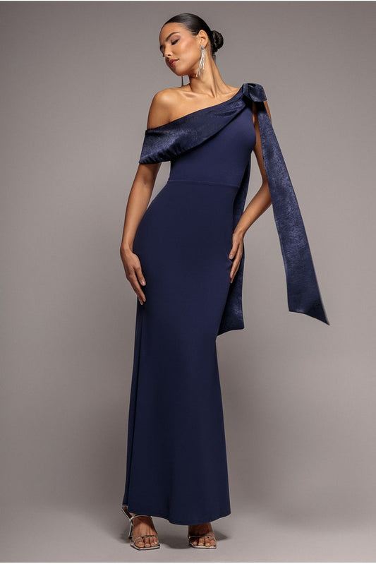 Goddiva One Shoulder Soft Satin Bow Cape Maxi Dress - Navy Blue