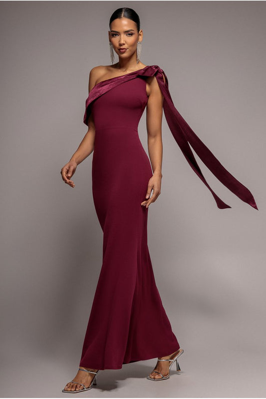 Goddiva One Shoulder Soft Satin Bow Cape Maxi Dress - Burgundy