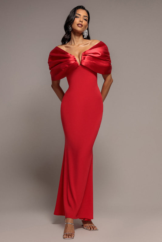 Goddiva Satin Plunge Neck Bardot Scuba Maxi Dress - Red