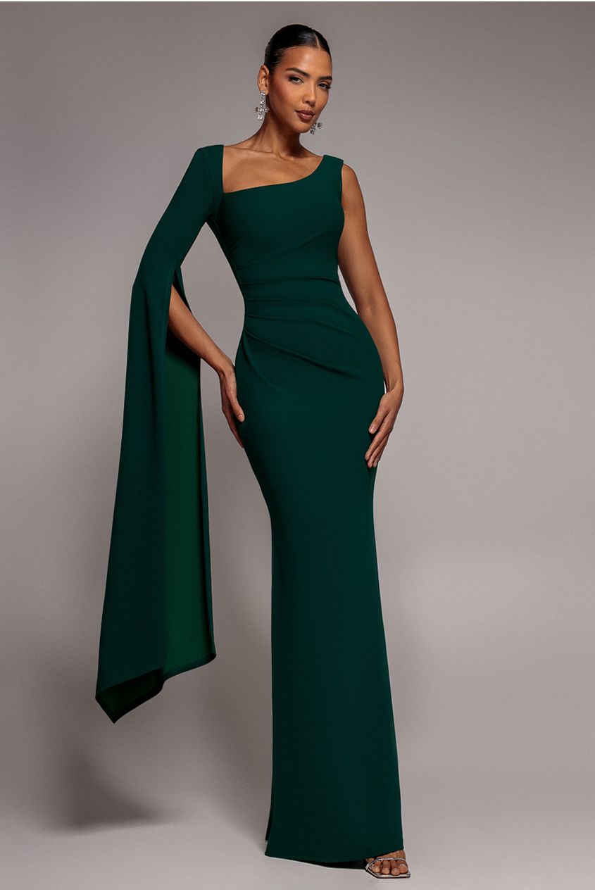 One Shoulder Cape Sleeve Maxi Dress - Emerald Green by Goddiva