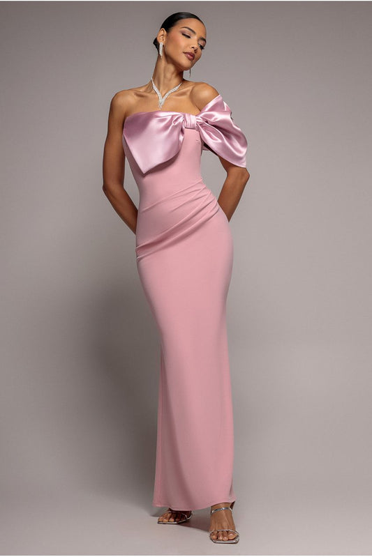 Goddiva Off The Shoulder Satin Bow Neck Maxi Dress - Blush Pink