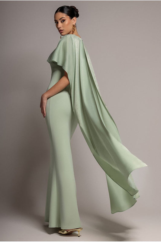 Goddiva Scoop Neck Soft Satin Cape Sleeve Maxi Dress - Sage Green